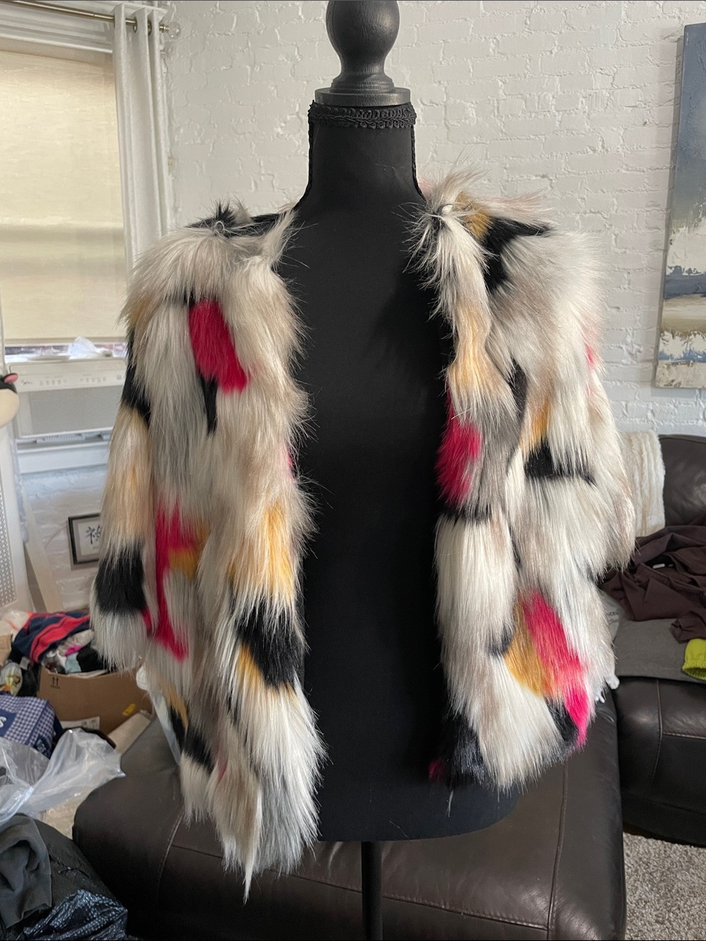 Multicolor Faux Fur Short Teddy Jacket - Ivory with Pink, Black & Yellow Accents